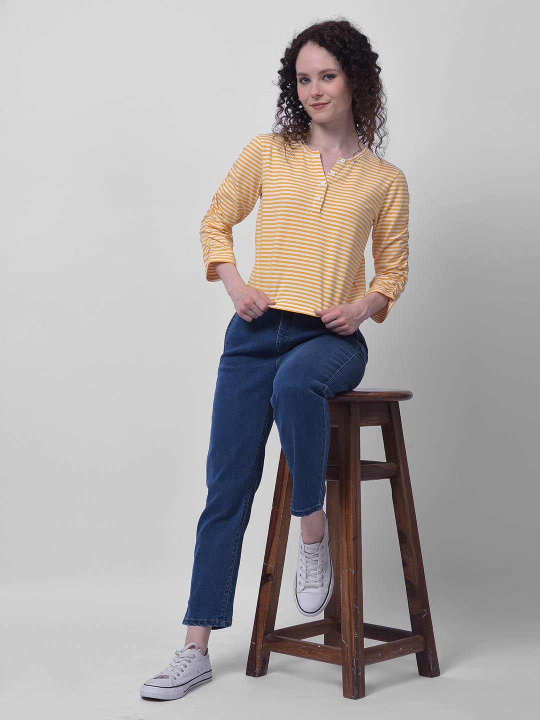 Numero Uno Women Yellow & White Striped Henley Top